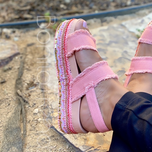 Pink Denim Flatform Footbed Platform Sandals - Picture 3 of 6
